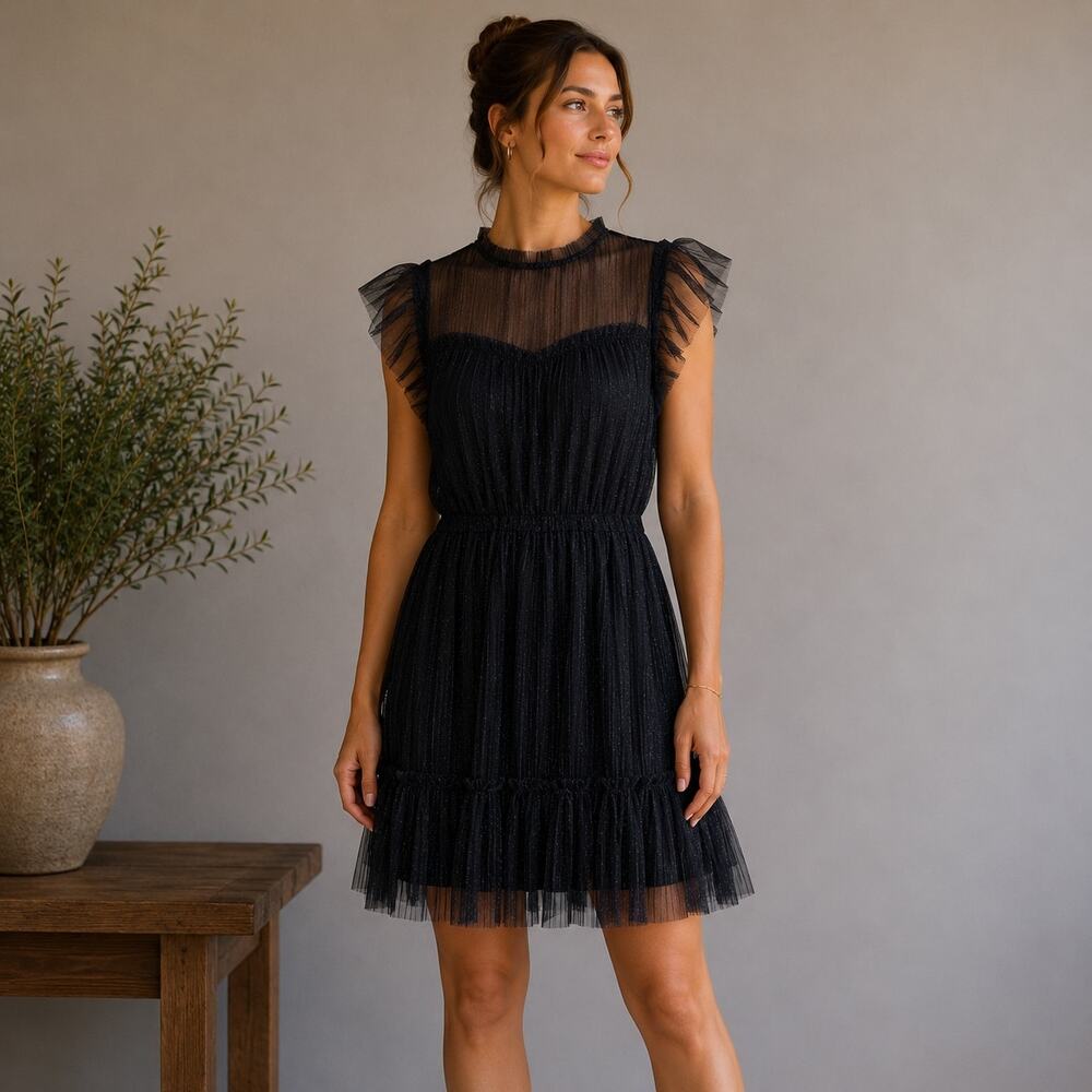 Allsaints Black Fit & Flare Short Sleeve Sparkle Dress 10